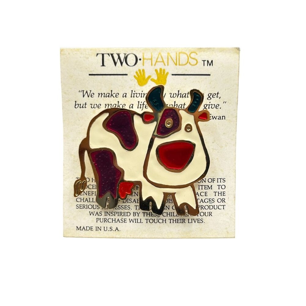 Cow Brooch Enamel Pin Vintage Moo Pin New Old Stock Two Hands Brand Made in USA
